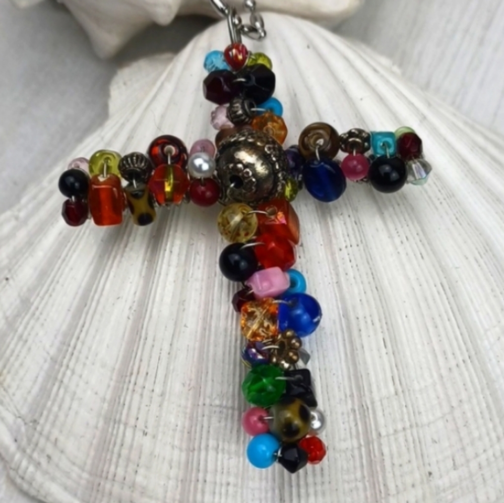 Vintage Style MultiColor Beaded Silver Tone Cross Chain Necklace